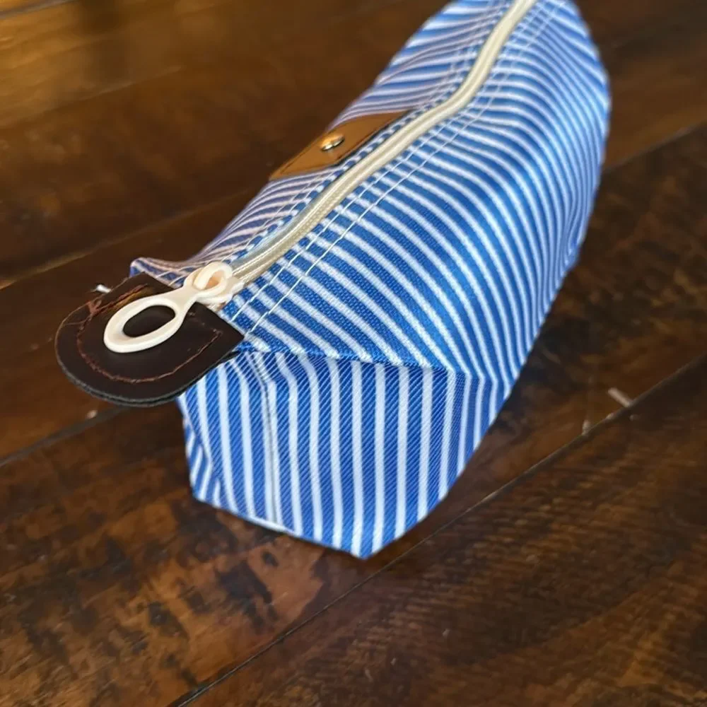 Blue White Striped Zippered School Supplies - Canvas Pouch Pencil Case